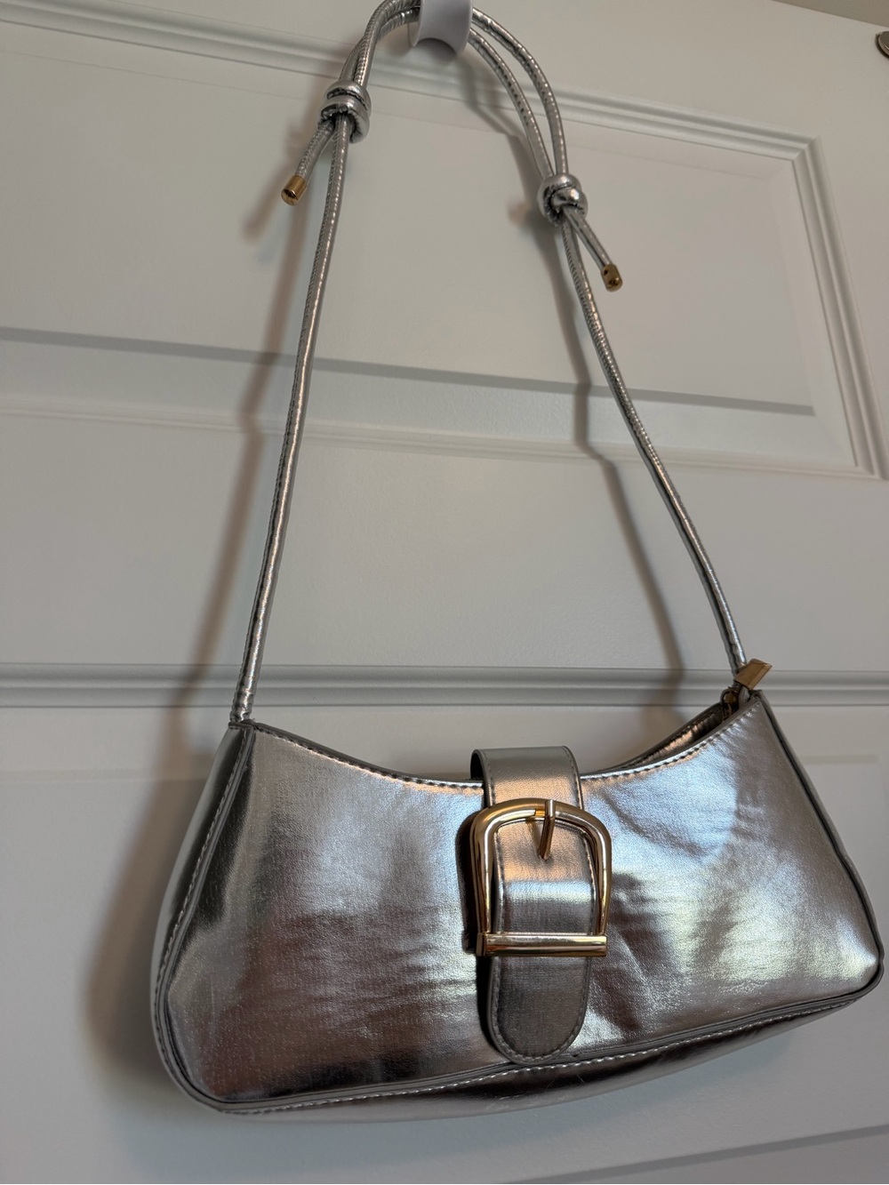 Metallic Silver Shoulder Bag with Buckle Detail